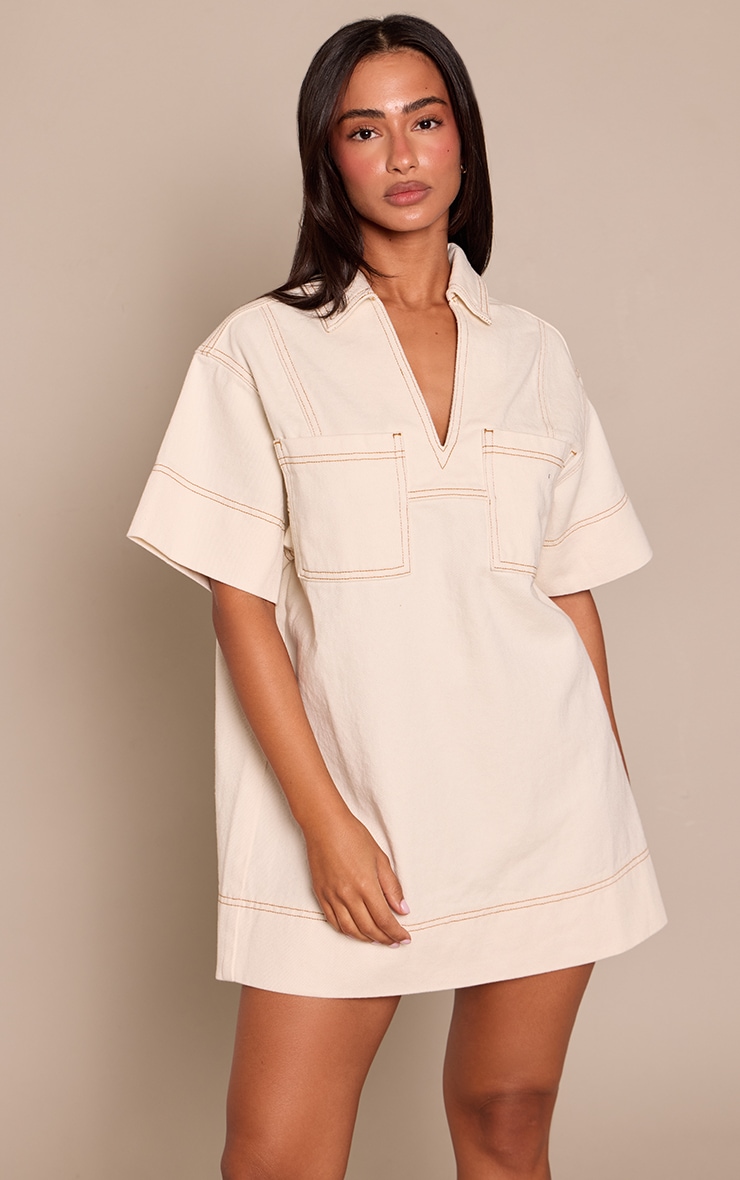 Petite Ecru Contrast Stitch Short Sleeve Denim Dress