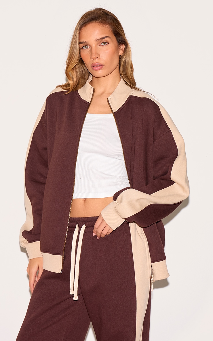 Sweat oversize chocolat à parties contrastantes et zip image 4