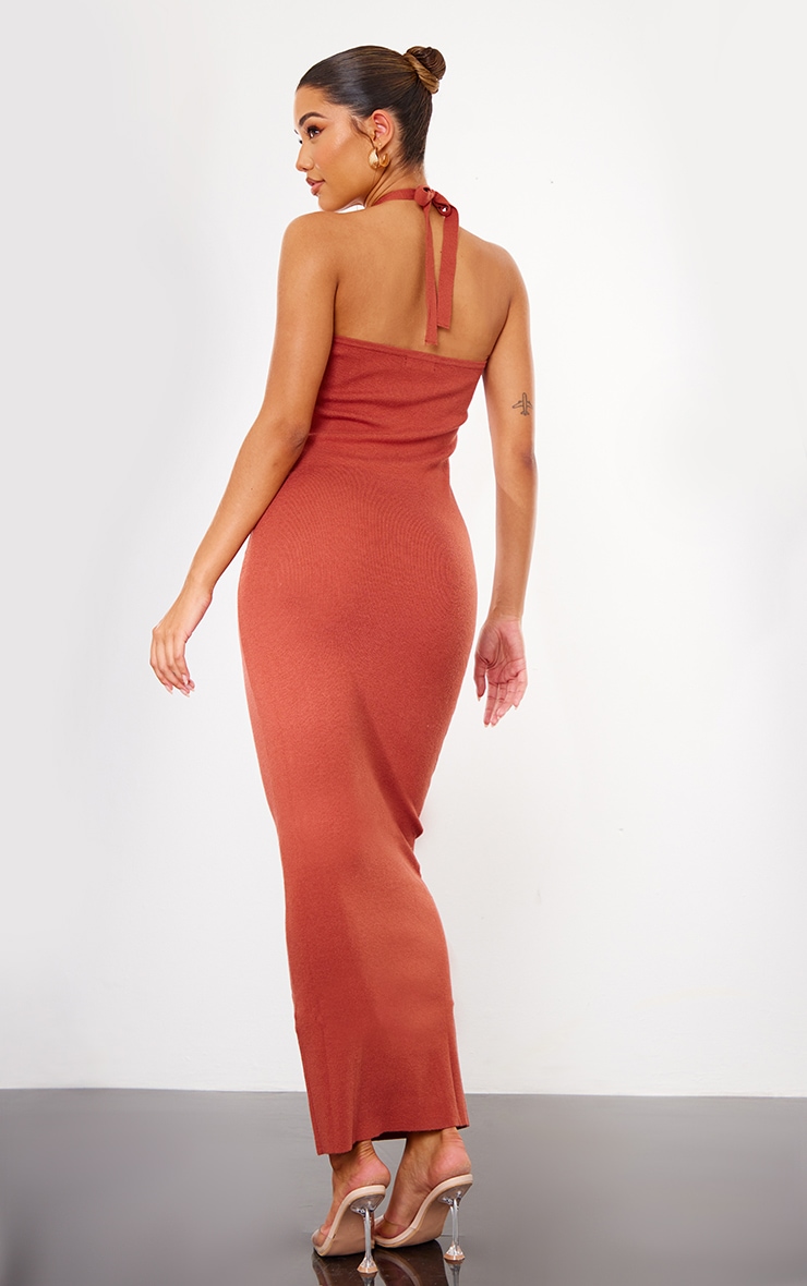 Rust Soft Knit Halter Tie Maxi Dress image 2