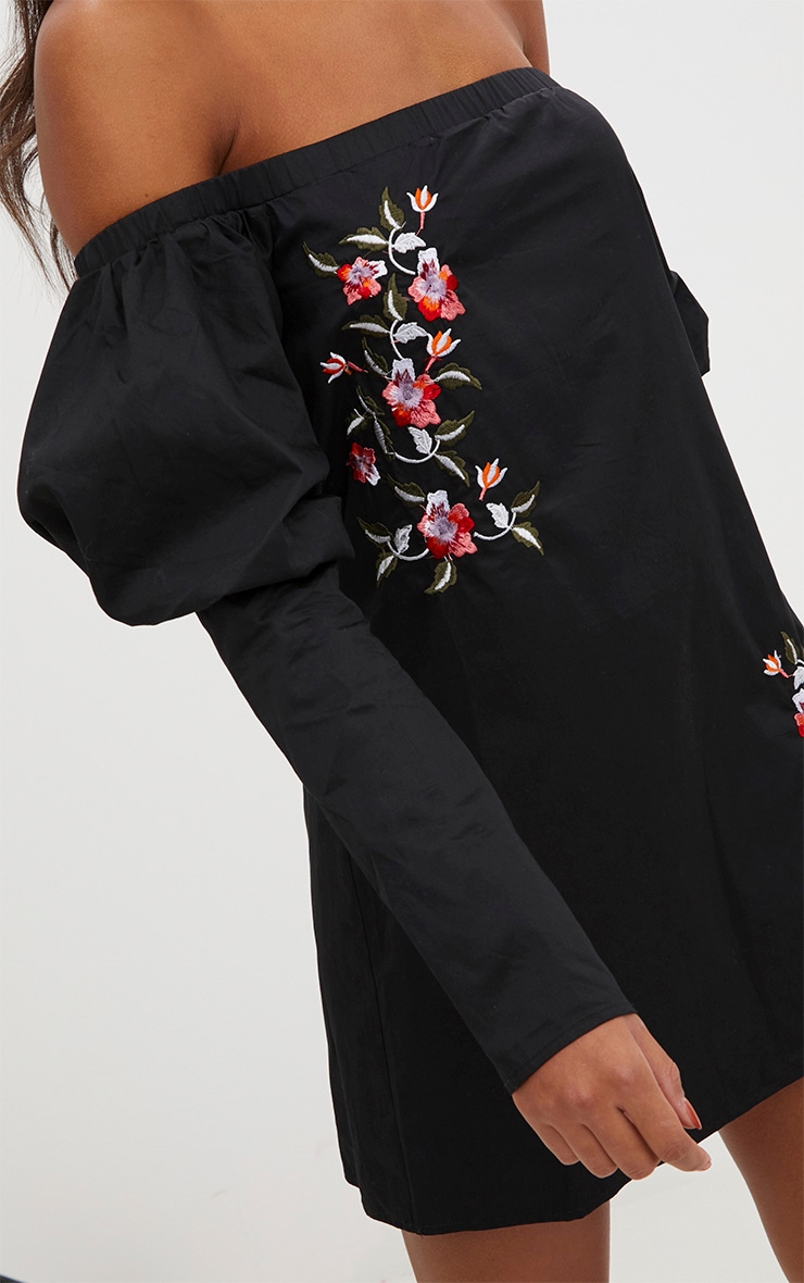 Black Embroidered Puff Sleeve Bardot Shift Dress image 4