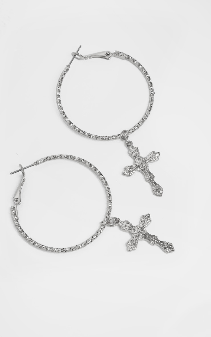 Silver Twisted Gothic Cross Pendant Hoop Earrings