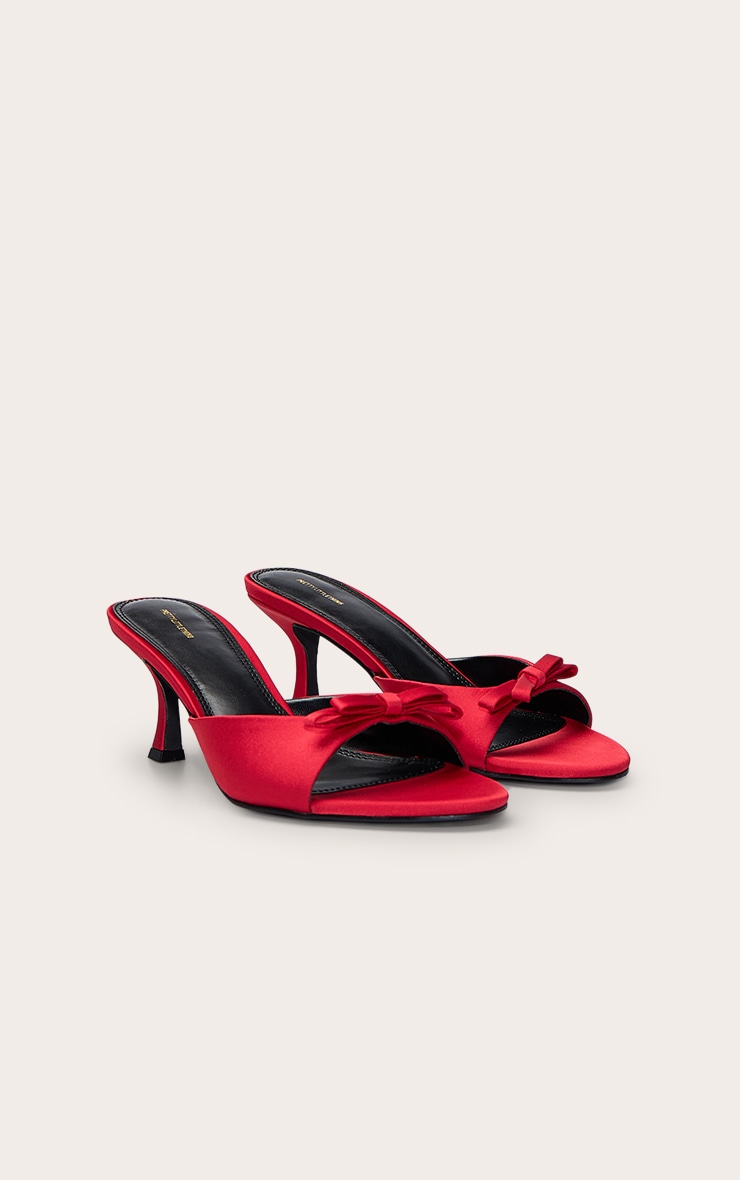 Bright Red Satin Round Toe Bow Strap Low Heel Open Toe Mules image 3