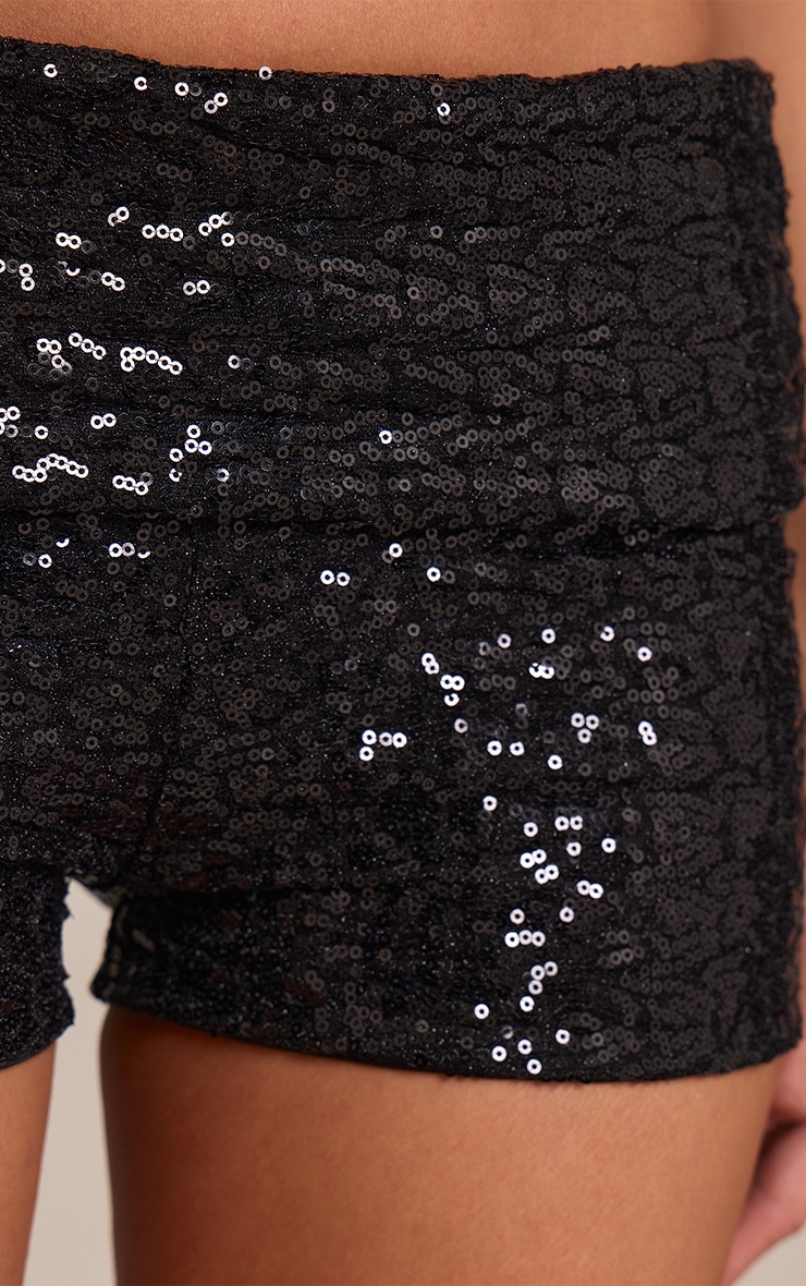 Black Sequin Fold Over Detail Hot Pants image 5