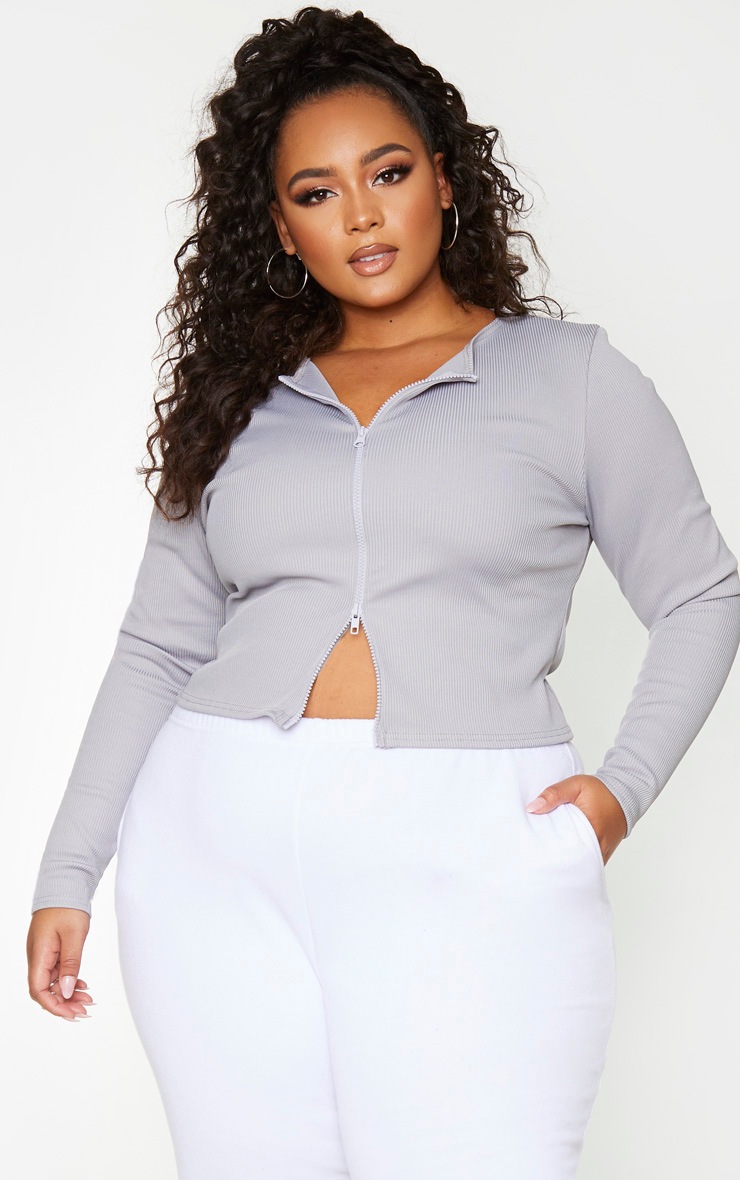 Plus Grey Jumbo Rib Double Zip Top