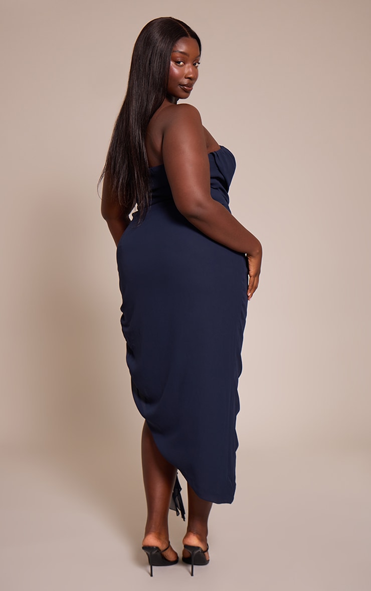 Plus Navy Chiffon Ruched Detail Off Shoulder Midi Dress image 2