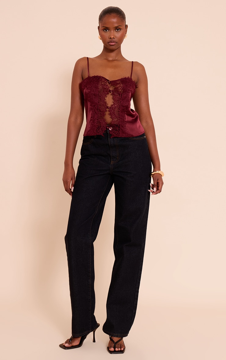 Burgundy Satin Lace Panel Strappy Cami Top image 3