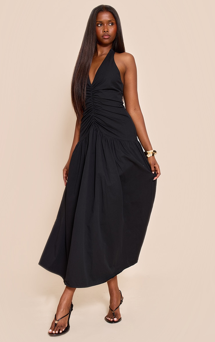 Black Woven Ruched Detail Maxi Dress image 3