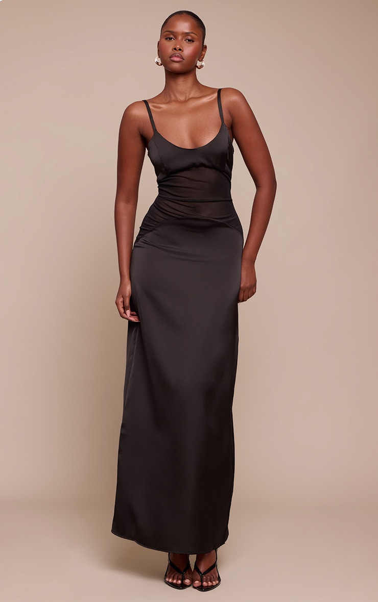 Black Satin Scoop Neck Mesh Detail Maxi Dress image 1