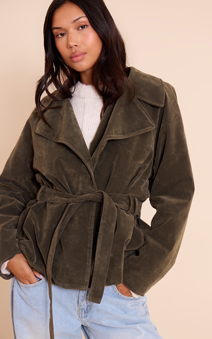 Veste ceinturée en suédine kaki image 1
