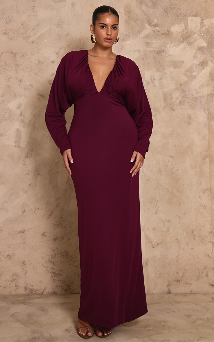 PLT Label Plus Robe longue moulante rouge mûre froncée à manches chauve-souris image 3