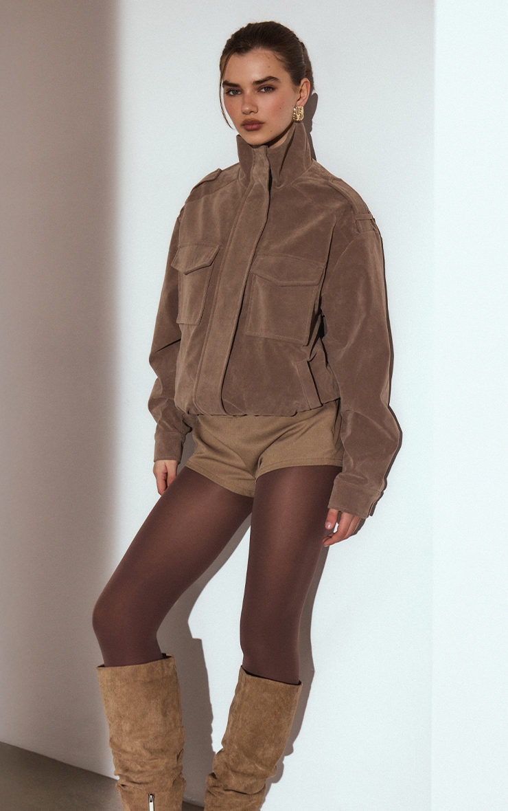 Mushroom Funnel Neck Pocket Detail Faux Suede Bomber  image 4