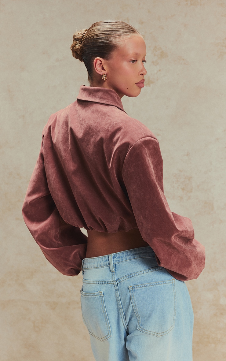 Dark Pink Suede Balloon Sleeve Covered Placket Jacket image 2