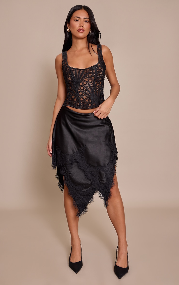 Black Satin Lace Asymmetric Hanky Hem Skirt