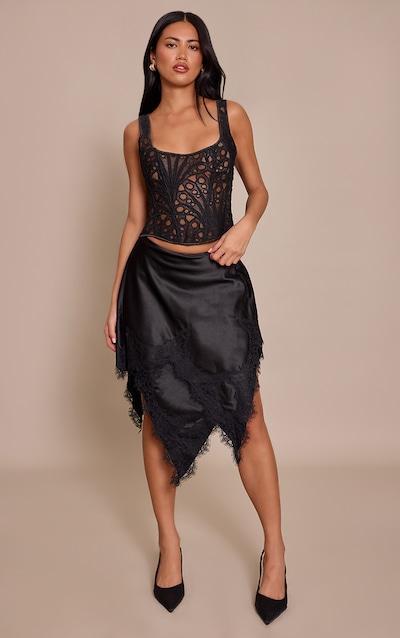 Black Satin Lace Asymmetric Hanky Hem Skirt