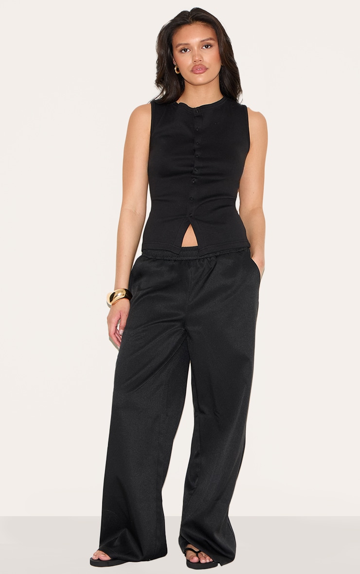 Black Ribbed Button Down Sleeveless Long Top image 3