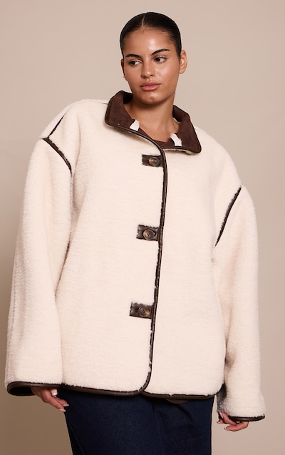 Plus Cream Borg Faux Leather Contrast Coat