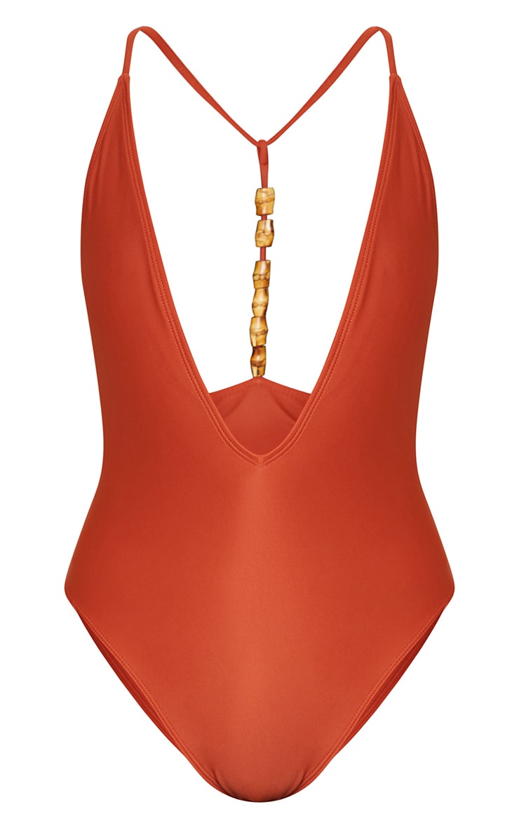 Brown Wooden Bead T Back Swimsuit