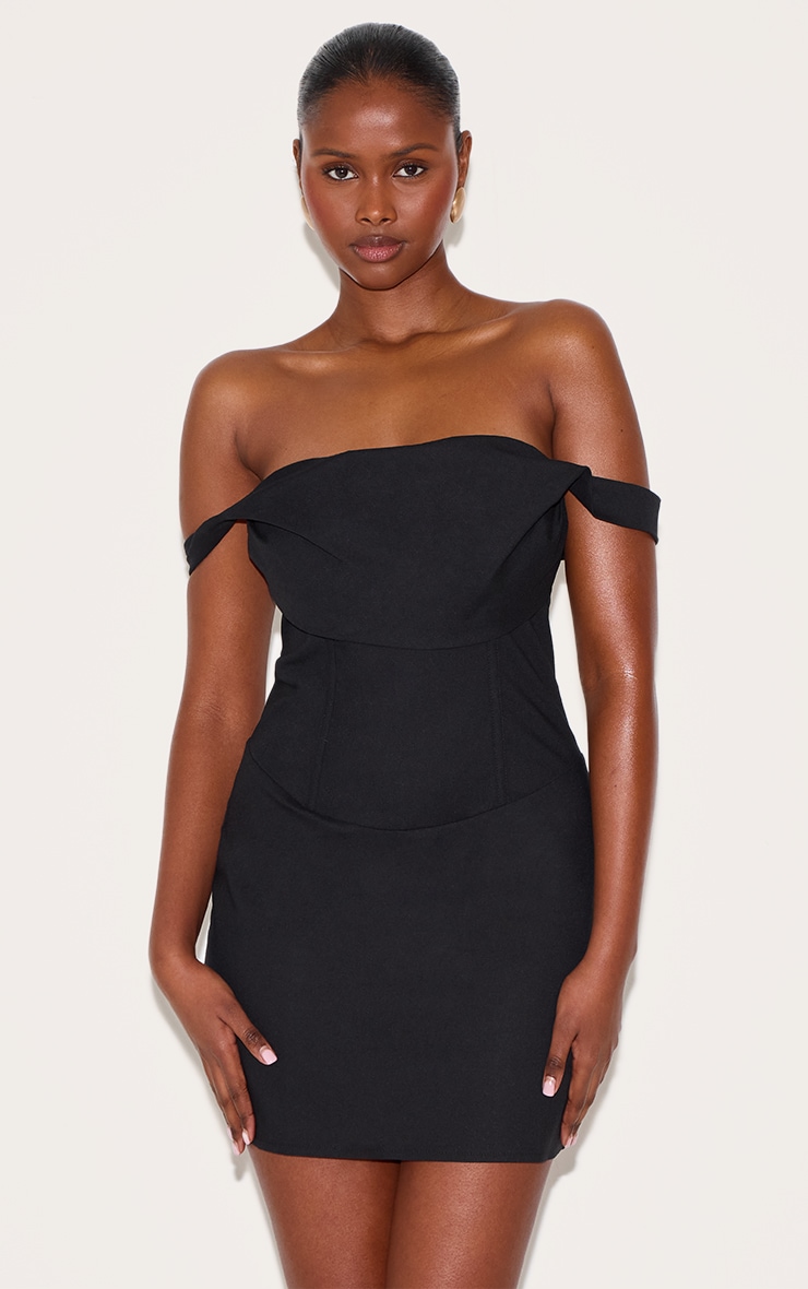 Black Draped Bardot Corset Bodycon Dress image 1