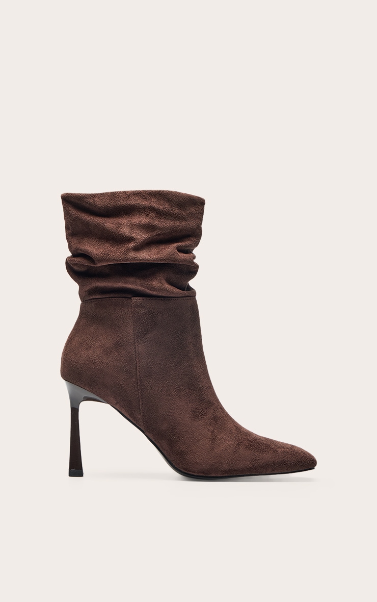 Chocolate Faux Suede Ruched Chiseled Toe Ankle Boots image 2