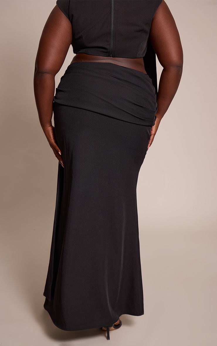 Plus Premium Black Woven Draped Fishtail Maxi Skirt image 3