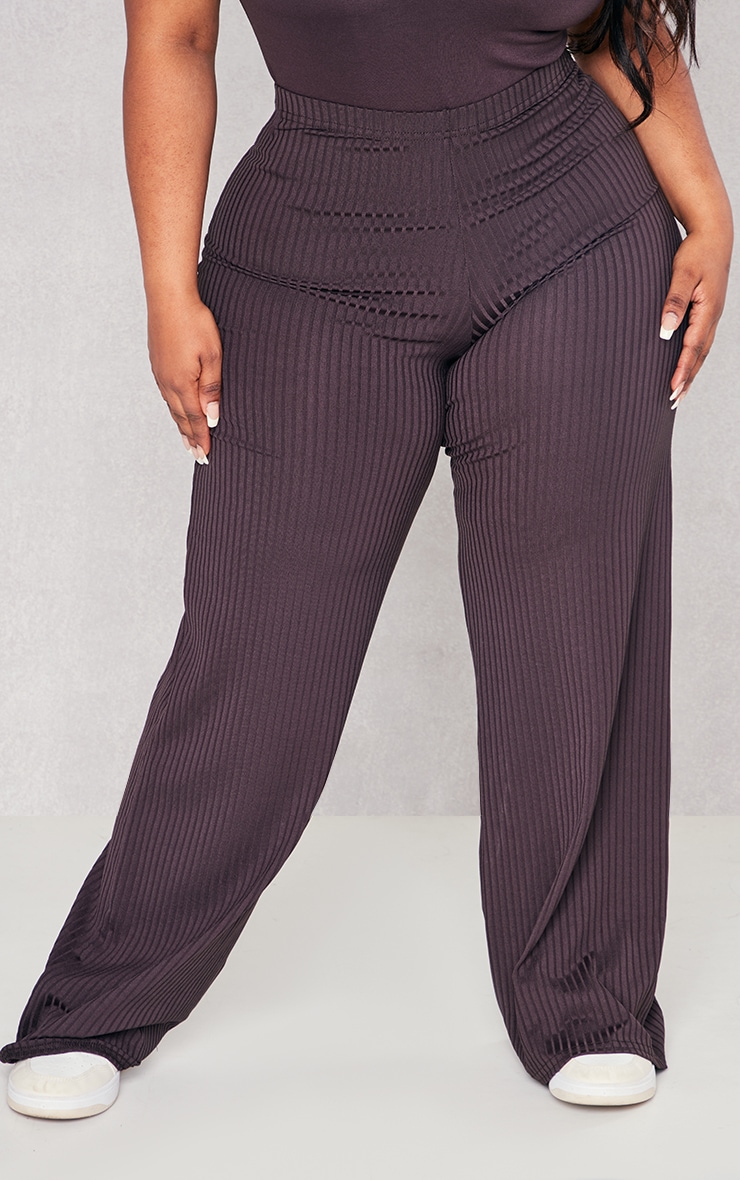 Plus Chocolate Ribbed Flared Pants image 2