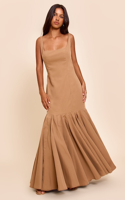 Petite Taupe Seam Detail Frill Maxi Dress