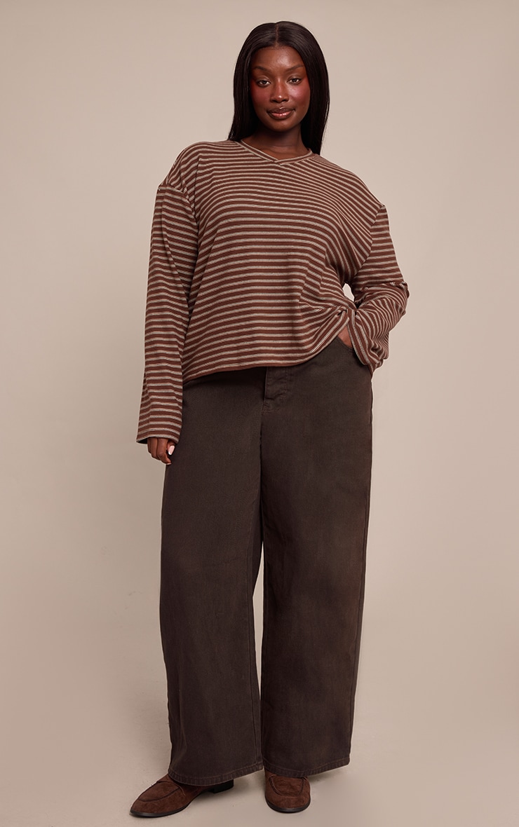 Plus Chocolate Striped Soft Fleece V Neck Sweatshirt image 3