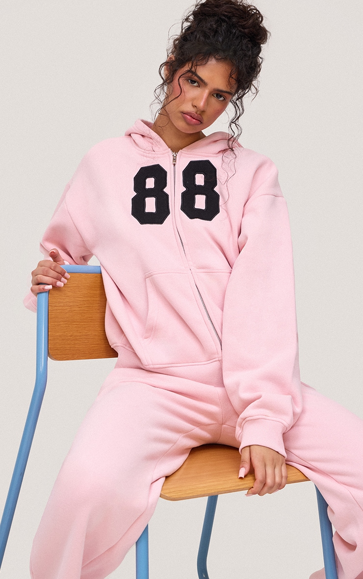 Pink 88 Print Zip Up Hoodie
