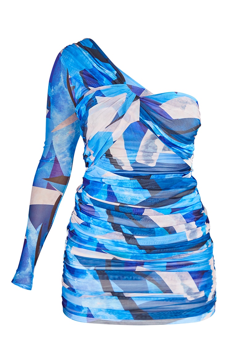 Blue Abstract Print Mesh One Shoulder Detail Bodycon Dress image 5