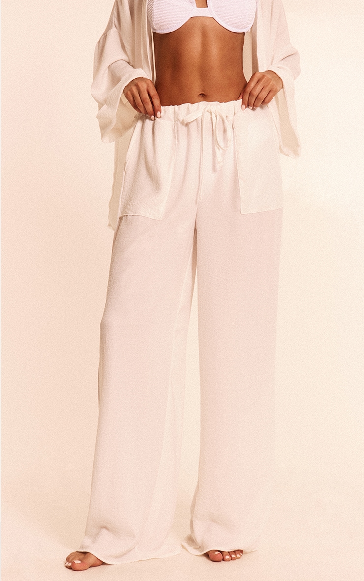 White Linen Look Drawstring Beach Pants image 2