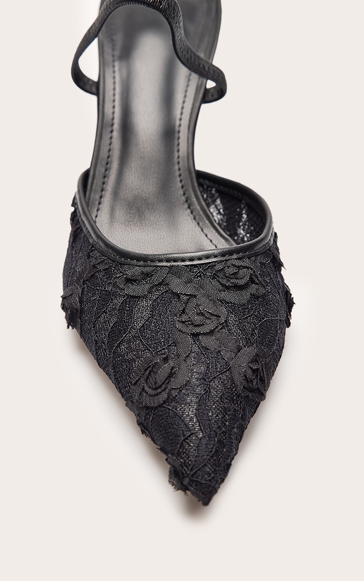 Black Textured Lace Slingback Court Heels image 5