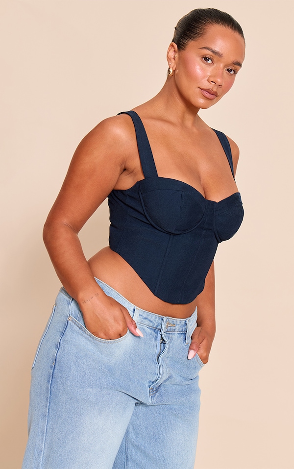 Shape Navy Woven Corseted Crop Top