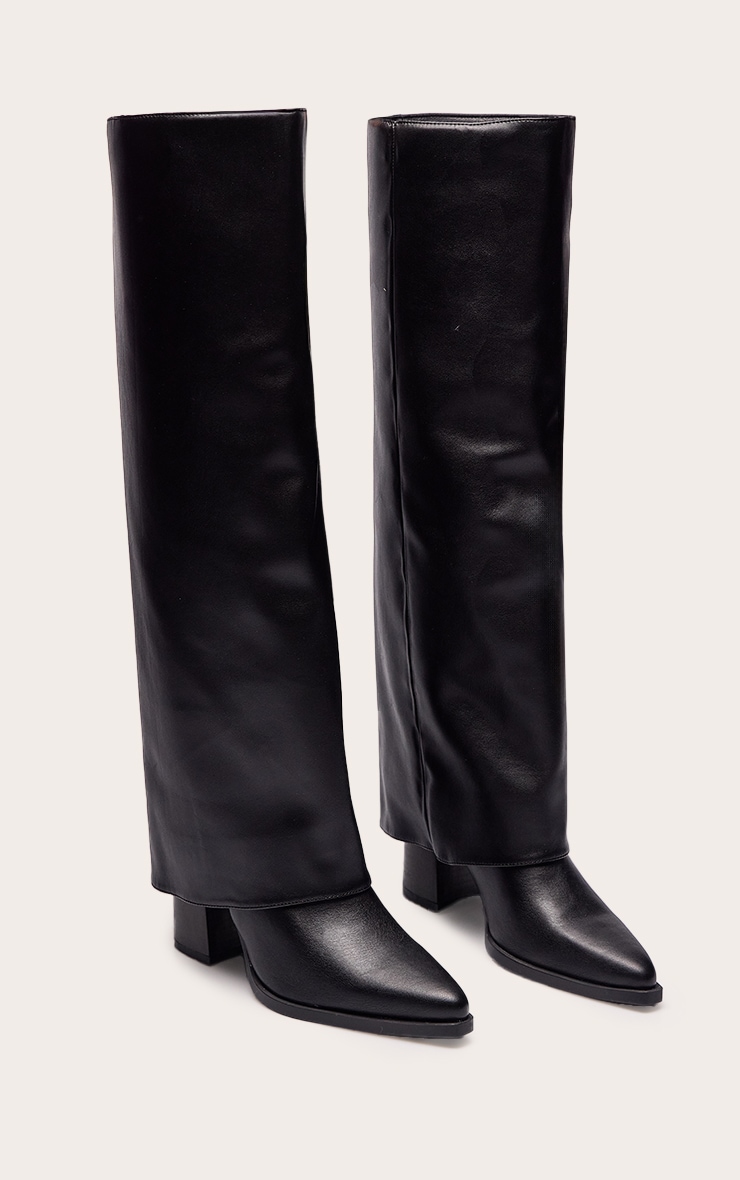 Black PU Fold Over Block Heel Boot image 3
