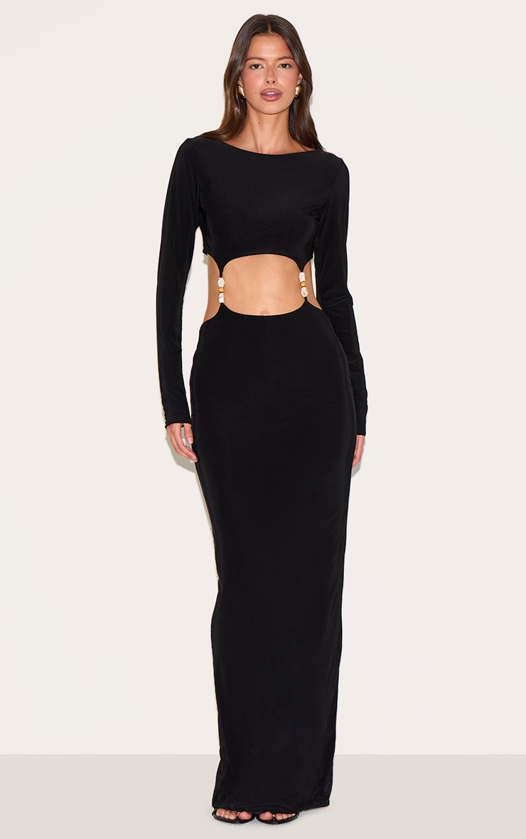 Black Double Slinky Trim Detail Cut Out Maxi Dress image 1