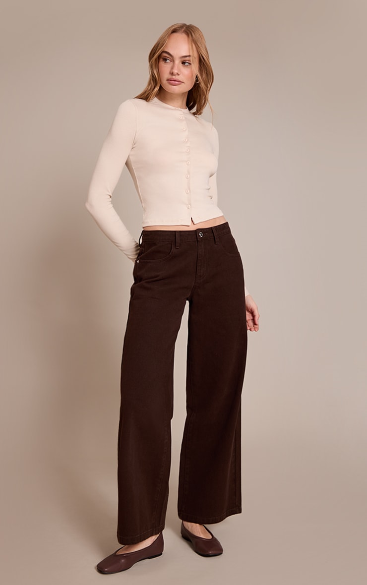 Beige Soft Rib Button Down Long Sleeve Top image 3