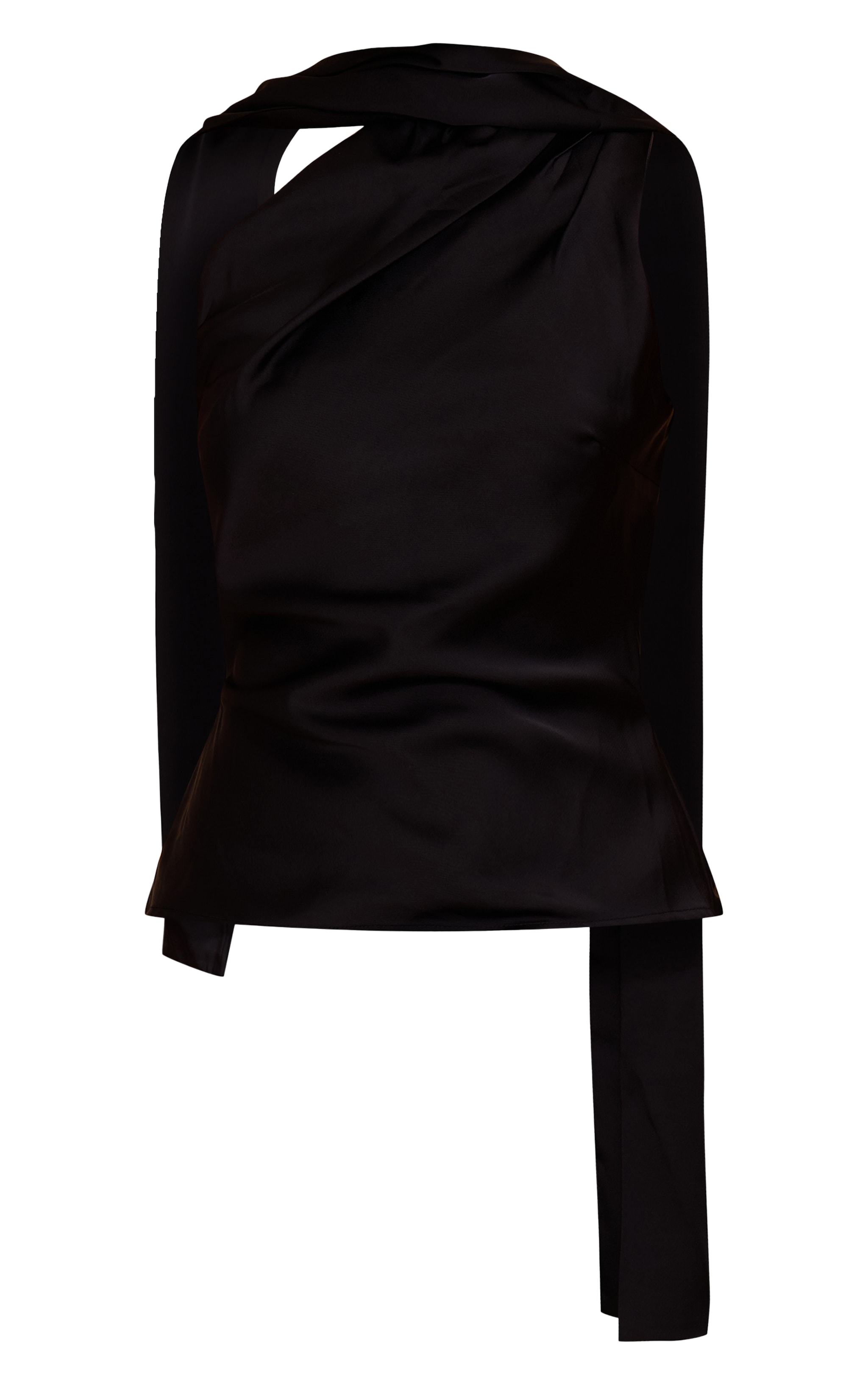 Black Satin Asymmetric Scarf Detail Top image 5