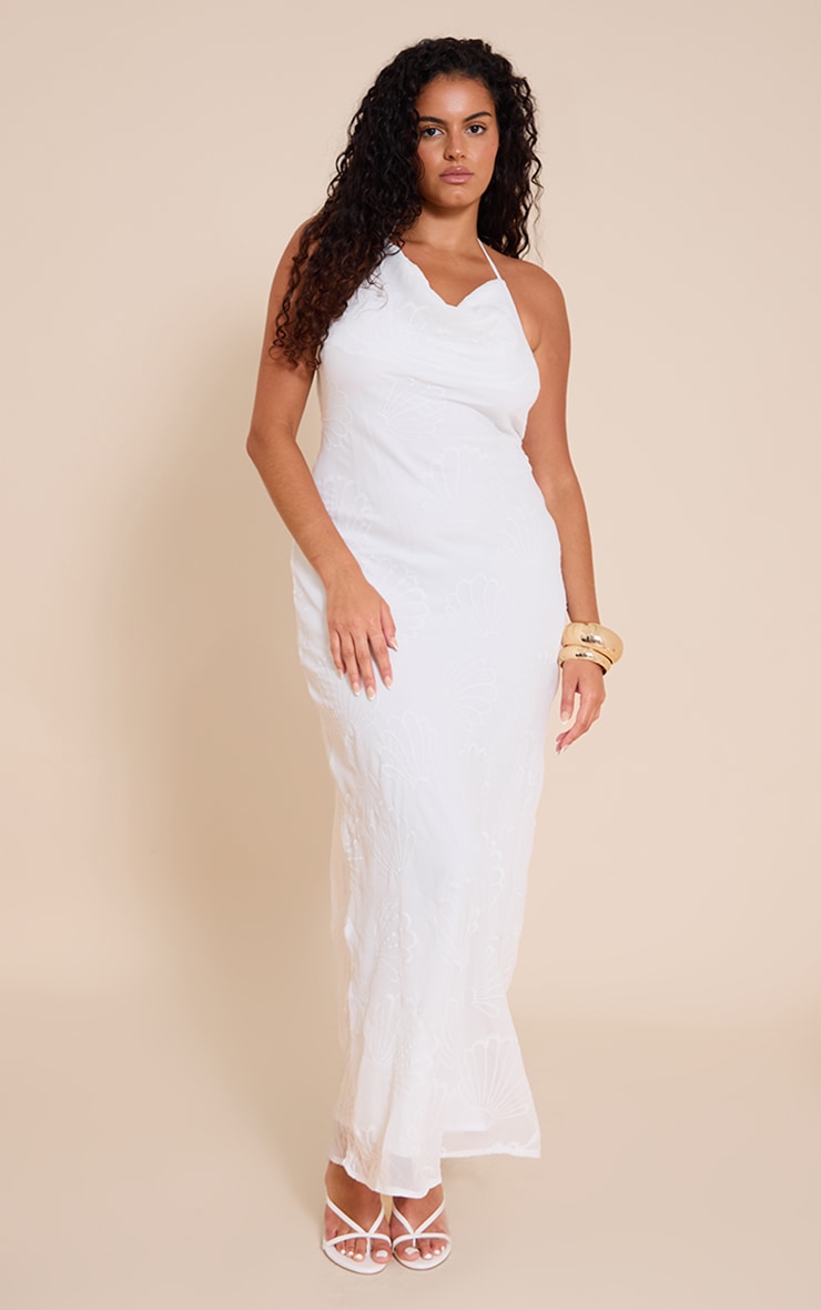 Plus White Chiffon Shell Embroidered Cowl Maxi Dress image 1