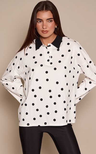 Monochrome Polka Dot Collar Detail Long Sleeve Rugby Top