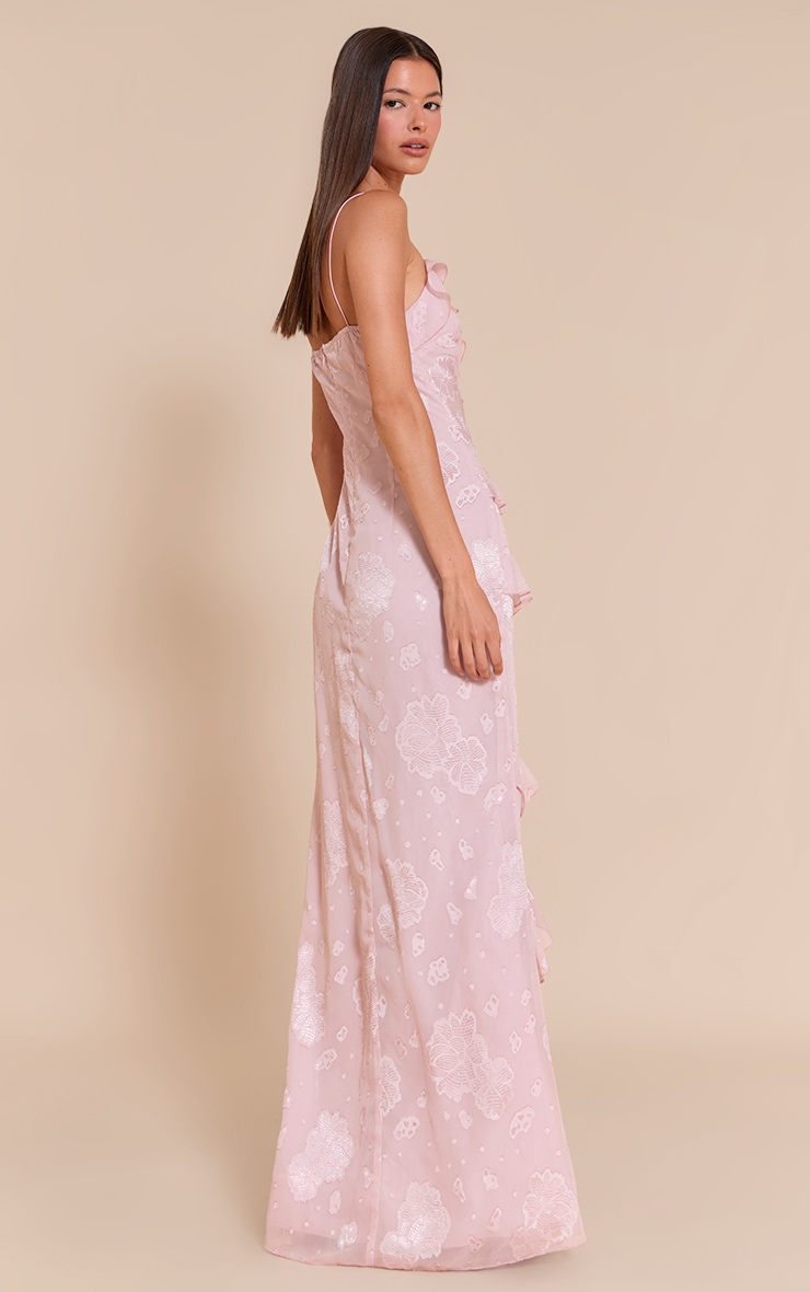 Light Pink Floral Embroidered Frill Maxi Dress image 2