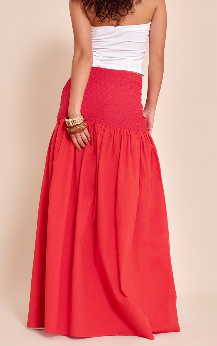 Red Textured Drop Waist Lightweight Woven Maxi Skirt image 3