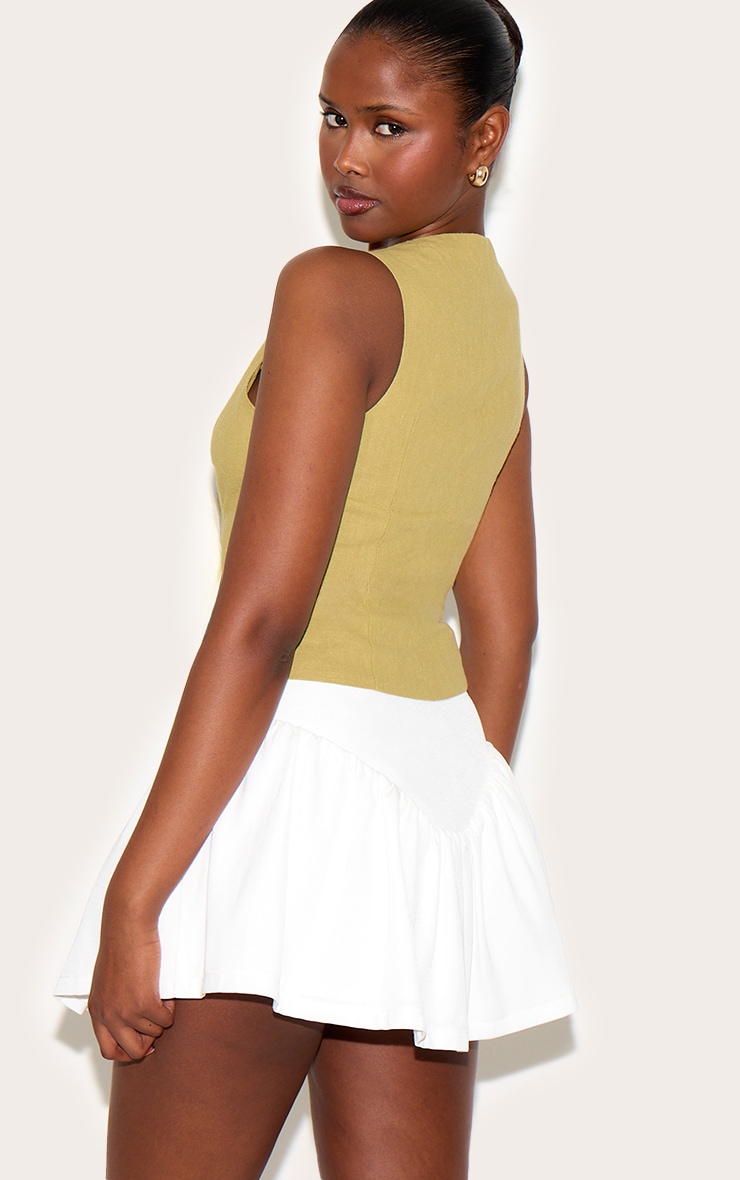 Olive Premium Linen Blend Asymmetric Button Up Waistcoat image 2