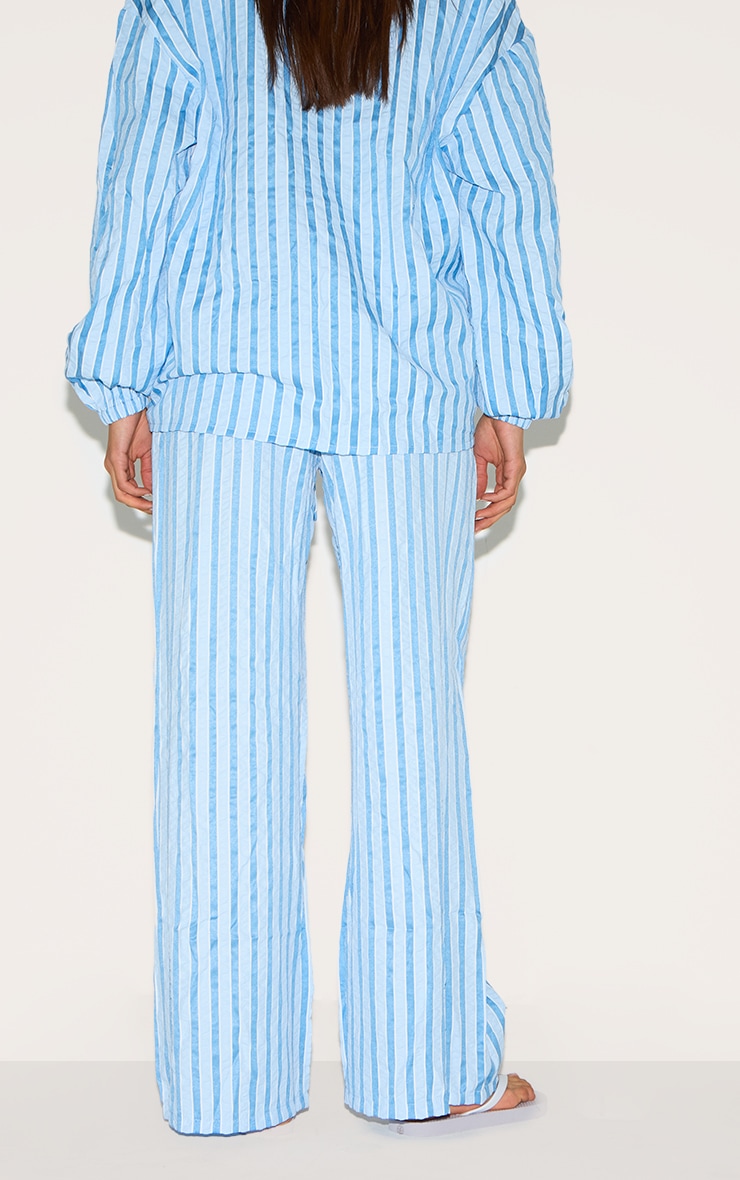 Blue Striped Textured Tie Drawstring Wide Leg Pants image 3