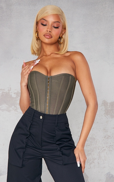 Moss Khaki Bandage Hook And Eye Structured Corset