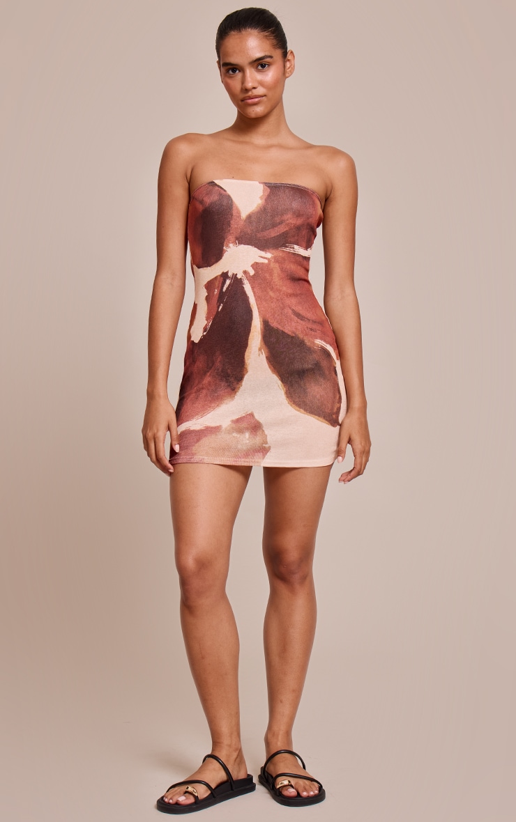 Chocolate Floral Abstract Printed Onion Skin Bandeau Mini Dress image 3