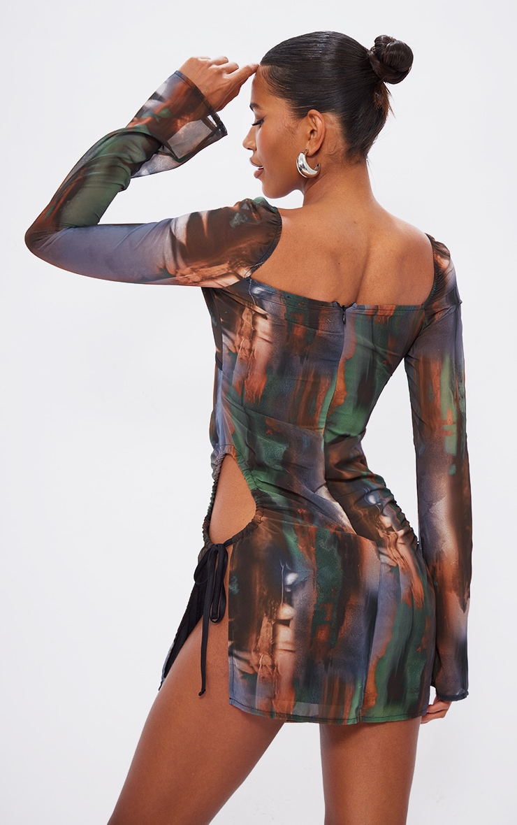 Brown Printed Chiffon Cut Out Shift Dress image 2