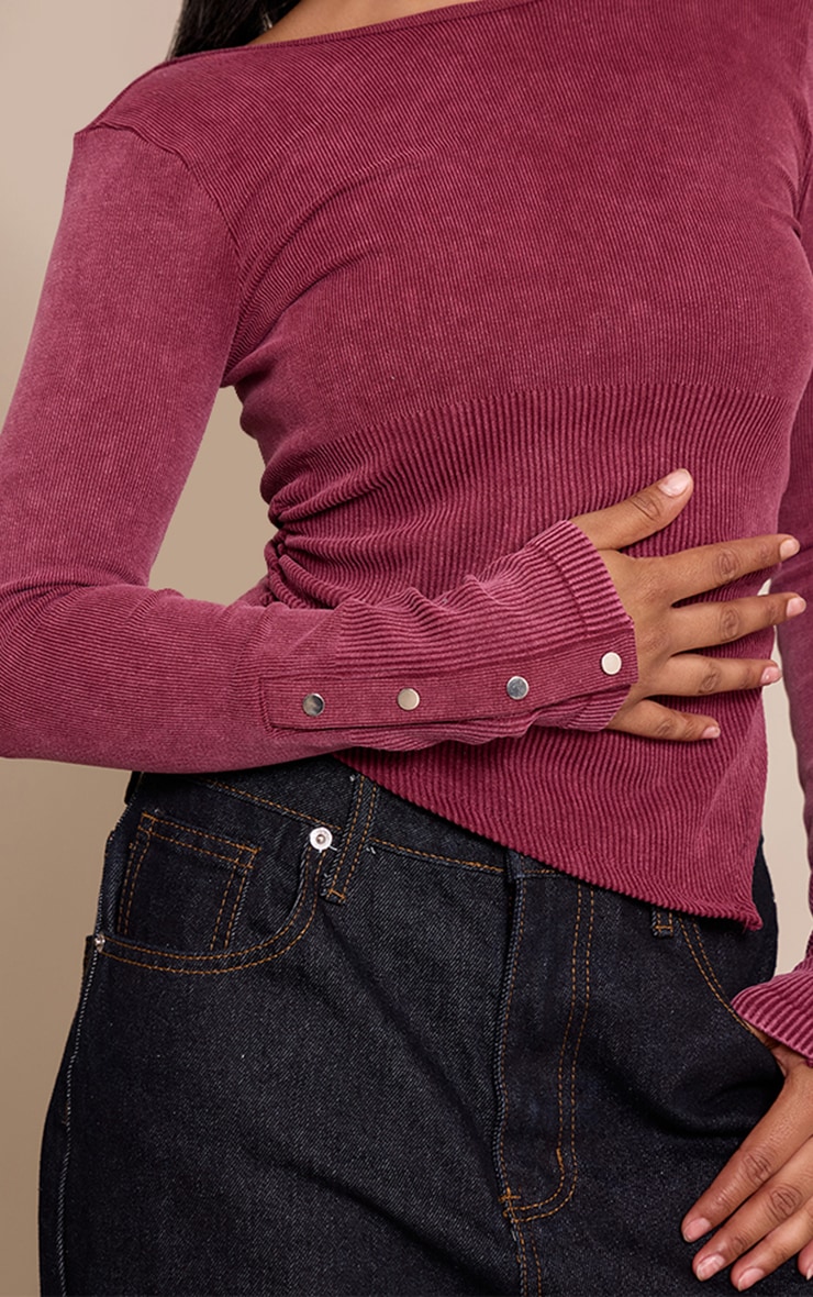 Petite Burgundy Snatched Rib Long Sleeve Popper Detail Open Back Top image 4