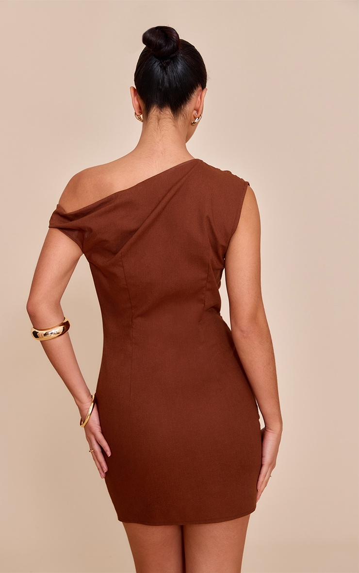 Chocolate Linen Look Twist Shoulder Shift Dress image 2