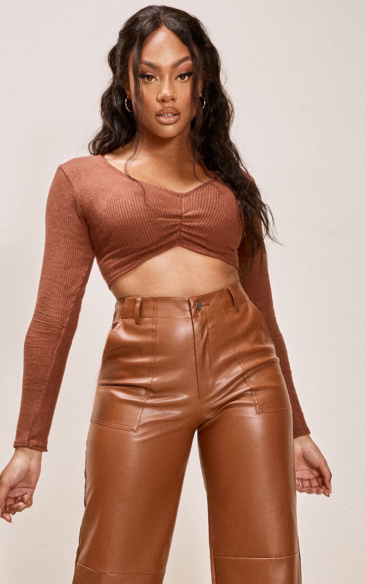 Chocolate Brushed Rib Ruched Front Long Sleeve Crop Top