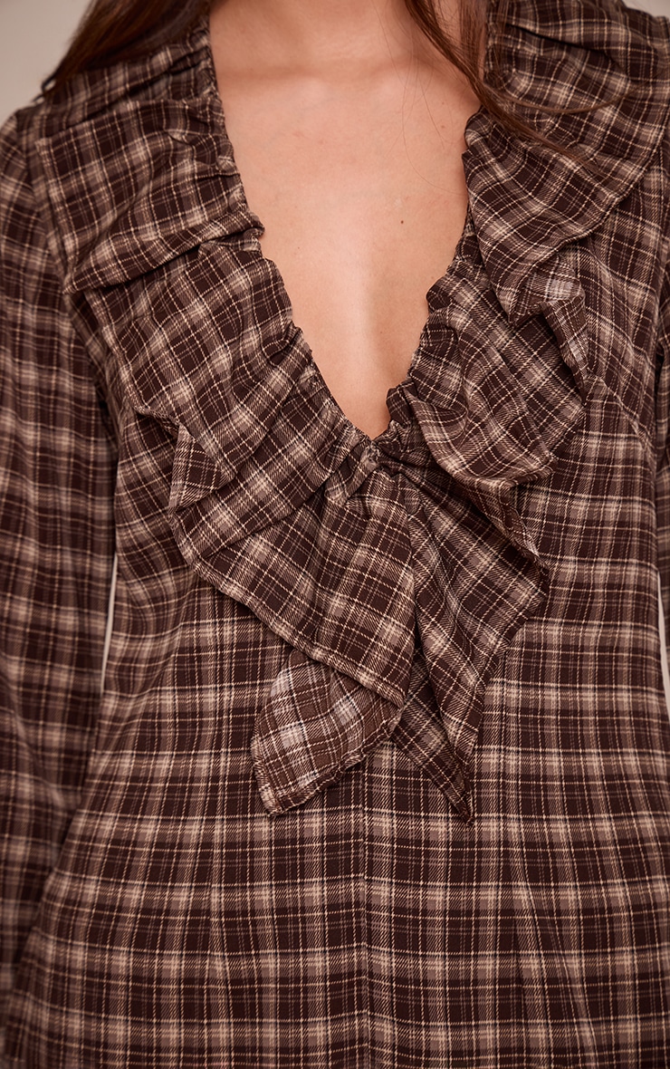 Brown Check Frill Long Sleeve Shift Mini Dress image 4