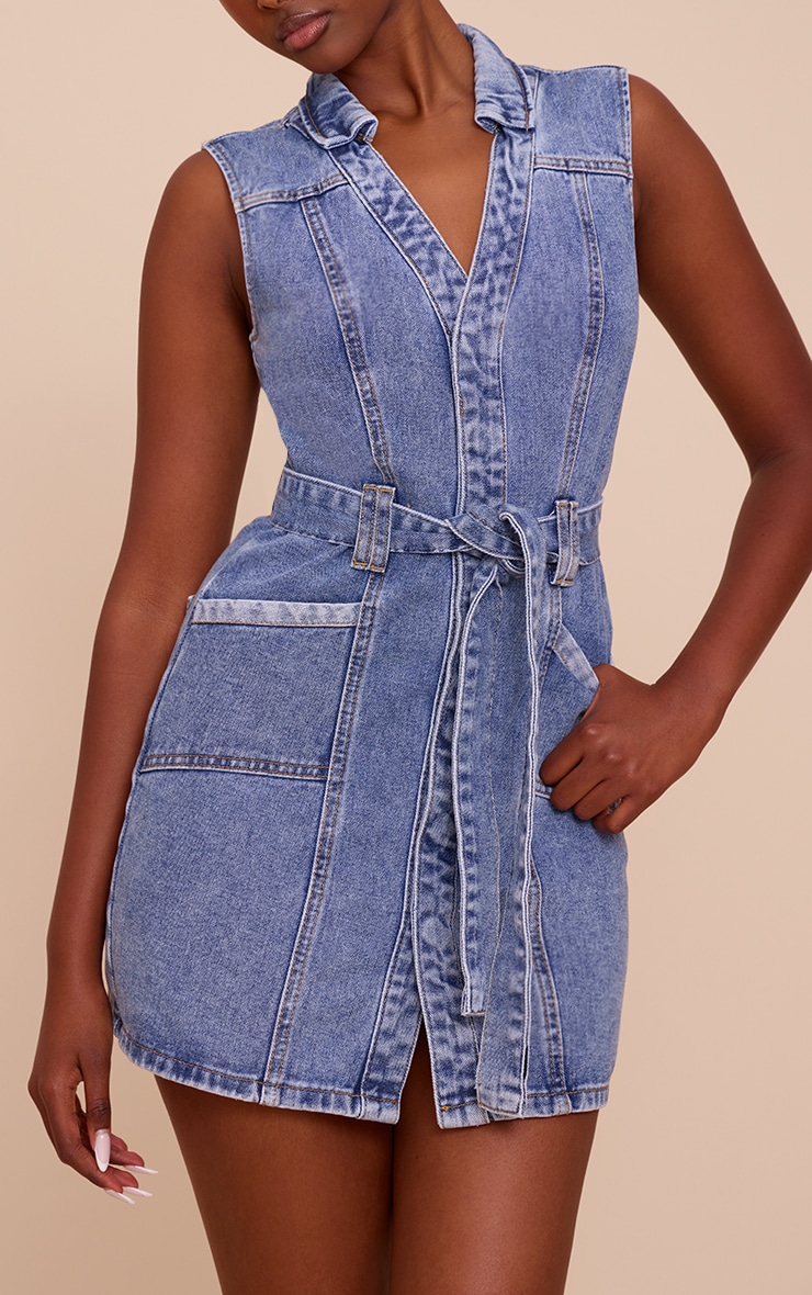 Light Blue Tie Waist Utility Style Denim Dress image 4
